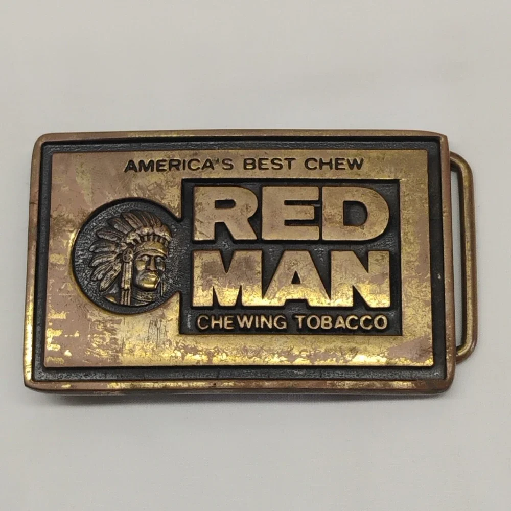 Vintage 80s BTS RED MAN CHEWING TOBACCO Solid Brass USA Advertising Belt Buckle